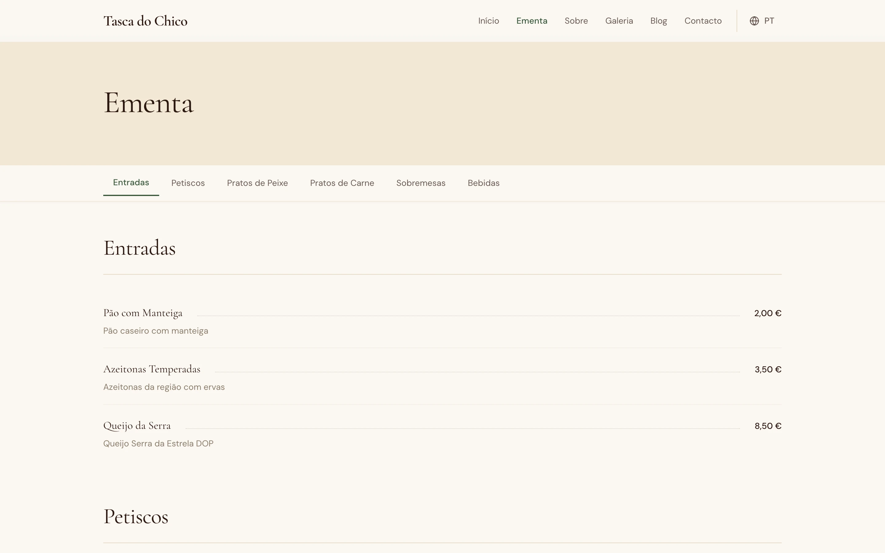 Tasca do Chico menu page built with ProTasca